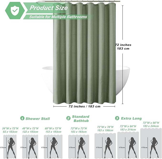 meioro Sage Green Shower Curtain, Waffle Weave 256GSM Heavy Duty Textured Fabric Shower Curtains for Bathroom Hotel Spa, Luxury Weighted Polyester Cloth Bath Curtain Set with 12 Hooks, 36Wx72H