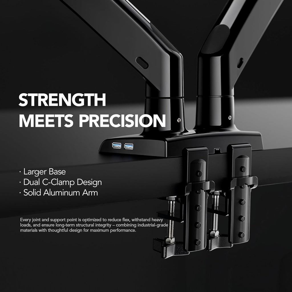 HUANUO NITROGLIDE™ Dual Monitor Stand for 13″–40″, Premium Dual Monitor Mount with USB, Height Adjustable Monitor Stand for 2 Monitors, VESA Mount with Clamp/Grommet Base, Holds 26.4lbs per Arm, HNDS7