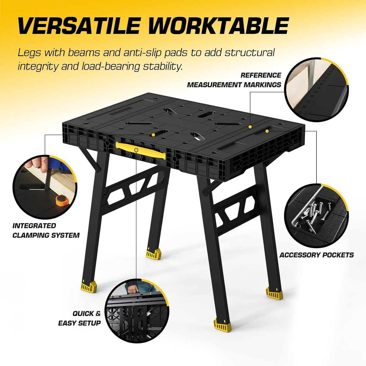 Express Folding Work Table, Easy Setup Portable Folding Work Table & Portable Folding Workbench, 34" W x 25" D x 31" H Lightweight Versatile Clamping Worktable for Garage/Wood Shop (Yellow)