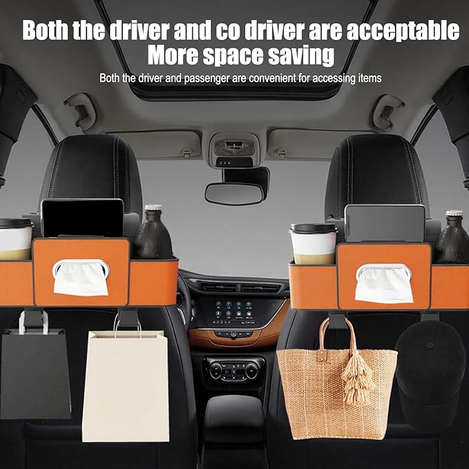 Car Back Seat Organizer with Hooks & Tissue Dispenser – Faux Leather Storage Box with Cup Holders, Multi-Compartment for Sunglasses & Chargers, Compatible with Most Seat Beige 2pcs