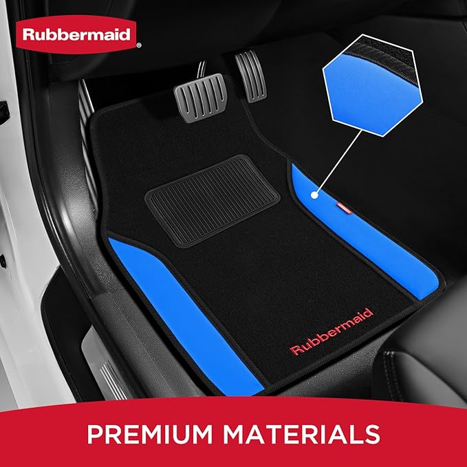 Rubbermaid Car Mats, Carpeted Floor Car Mat with Faux Leather & Built-in Heel Pad, Two-Tone Car Rug Floor Mats, Stylish Carpeted Floor Mats for Cars, Trucks & SUVs Blue Color