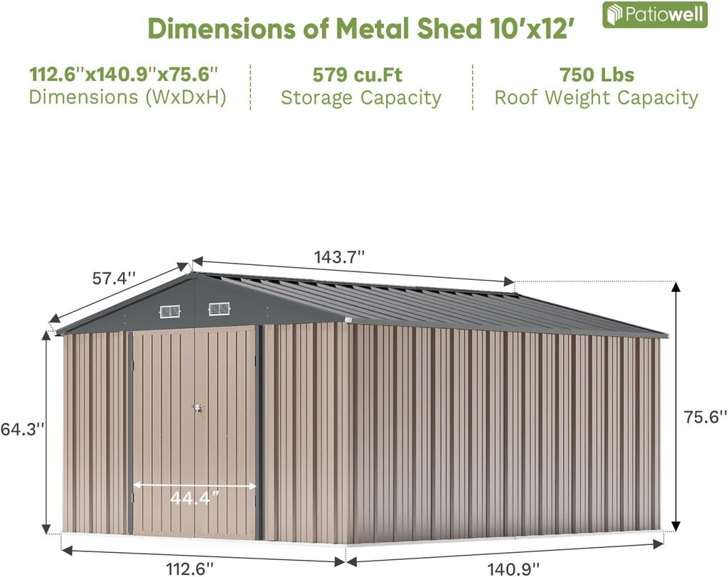 Patiowell 10 x 12 FT Metal Storage Shed for Outdoor, Steel Yard Shed with Design of Lockable Doors, Utility and Tool Storage for Garden, Backyard, Patio, Outside use,Brown
