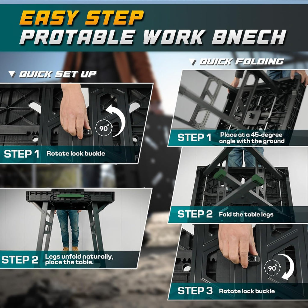 Express Folding Work Table, Easy Setup Portable Folding Work Table & Portable Folding Workbench, 34" W x 25" D x 31" H Lightweight Versatile Clamping Worktable for Garage/Wood Shop (Green)