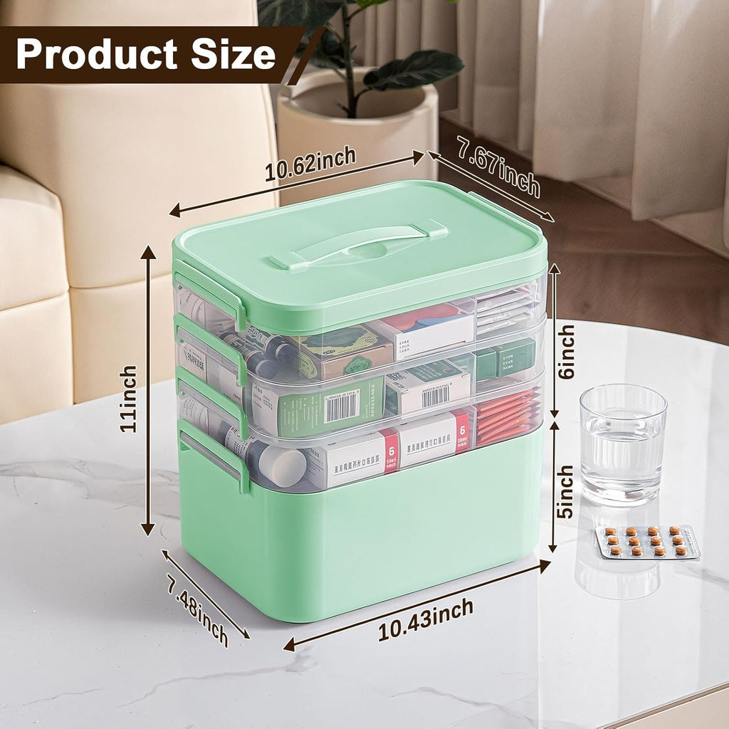 4-Tier Portable Medicine Cabinet Organizer, Large Medicine Storage Box with Handle, Plastic First Aid Box Empty, Multipurpose Medical Supply Organizer, Medication Storage with 3 Removable Tray (Green)