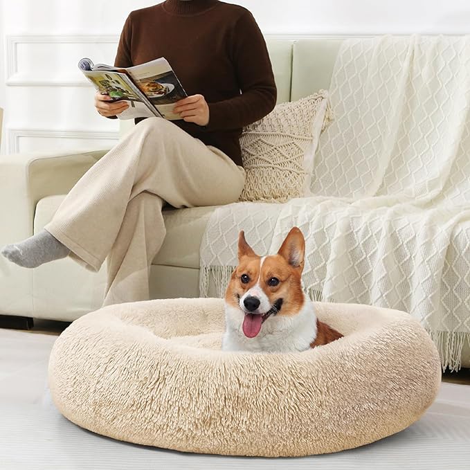 JOLLYVOGUE Dog Bed, Calming Anti-Anxiety Large Dog Bed, Fluffy Donut Cushion for Medium and Large Pets (27"/30"/36")