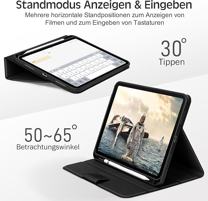 KingBlanc Case for iPad (A16) 11th Generation 11-inch 2025, iPad 10th Generation 10.9" 2022 with Pencil Holder, Vegan Leather Protective Stand Cover, Auto Sleep Wake, Multi-Angle Viewing/Typing, Black