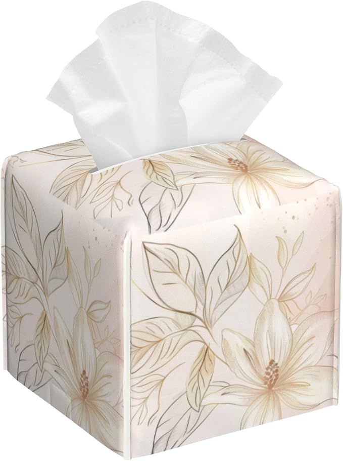 Tissue Box Cover,Pink Golden Boho Minimalist Flowers Pu Leather Square Tissue Box Cover Case Decorative Organizer for Bathroom Vanity Countertop Night Stands Office Desk & Car 5.2X5.2X5.2''