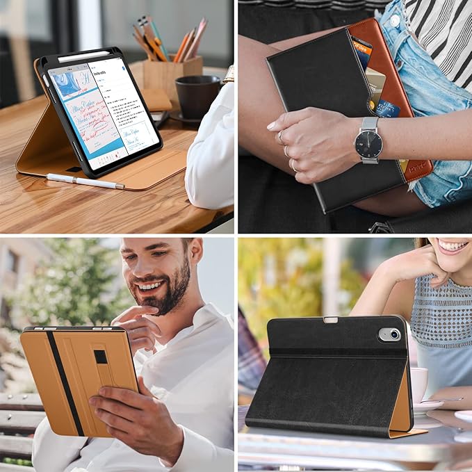 DTTO for iPad (A16) 11th Generation Case 11 Inch 2025, iPad 10th Generation Case 10.9 Inch 2022, Premium Leather Business Folio Stand Cover with Pencil Holder - Auto Wake/Sleep, Black Brown