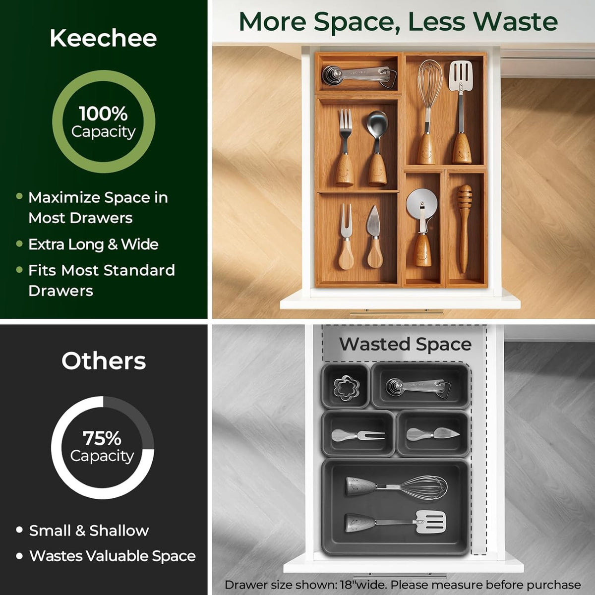 5-Piece Bamboo Drawer Organizer Set, 2.2" Deep Multi-Use Organizers for Utensils, Silverware, Cutlery, Desk, Bathroom, Junk Drawer & Makeup, Non-Slip Feet Included.