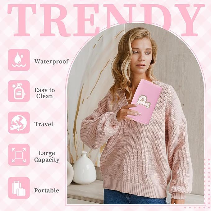 Small Personalized Initial A-Z Patch Makeup Bag,Pink Cute PU Leather Glitter Letter Cosmetic Bag for Teen Girls,Travel Toiletry Bag with Zipper,Preppy Monogrammed Birthday Gift for Daughter Niece P