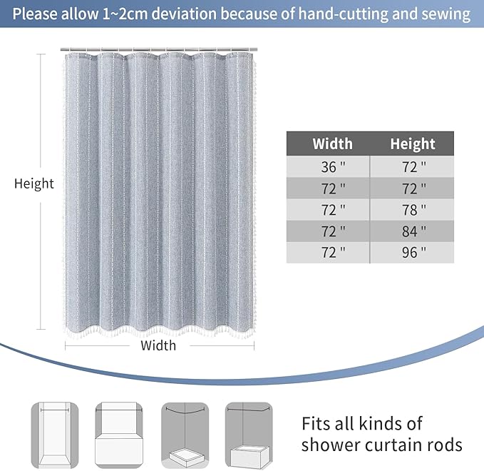 MitoVilla Boho Long Shower Curtain 72 x 78, Blue Farmhouse 78 inch Long Polyester Linen Fabric Shower Curtains with Tassel for Chic Cottagecore French Rustic Bathroom Decor