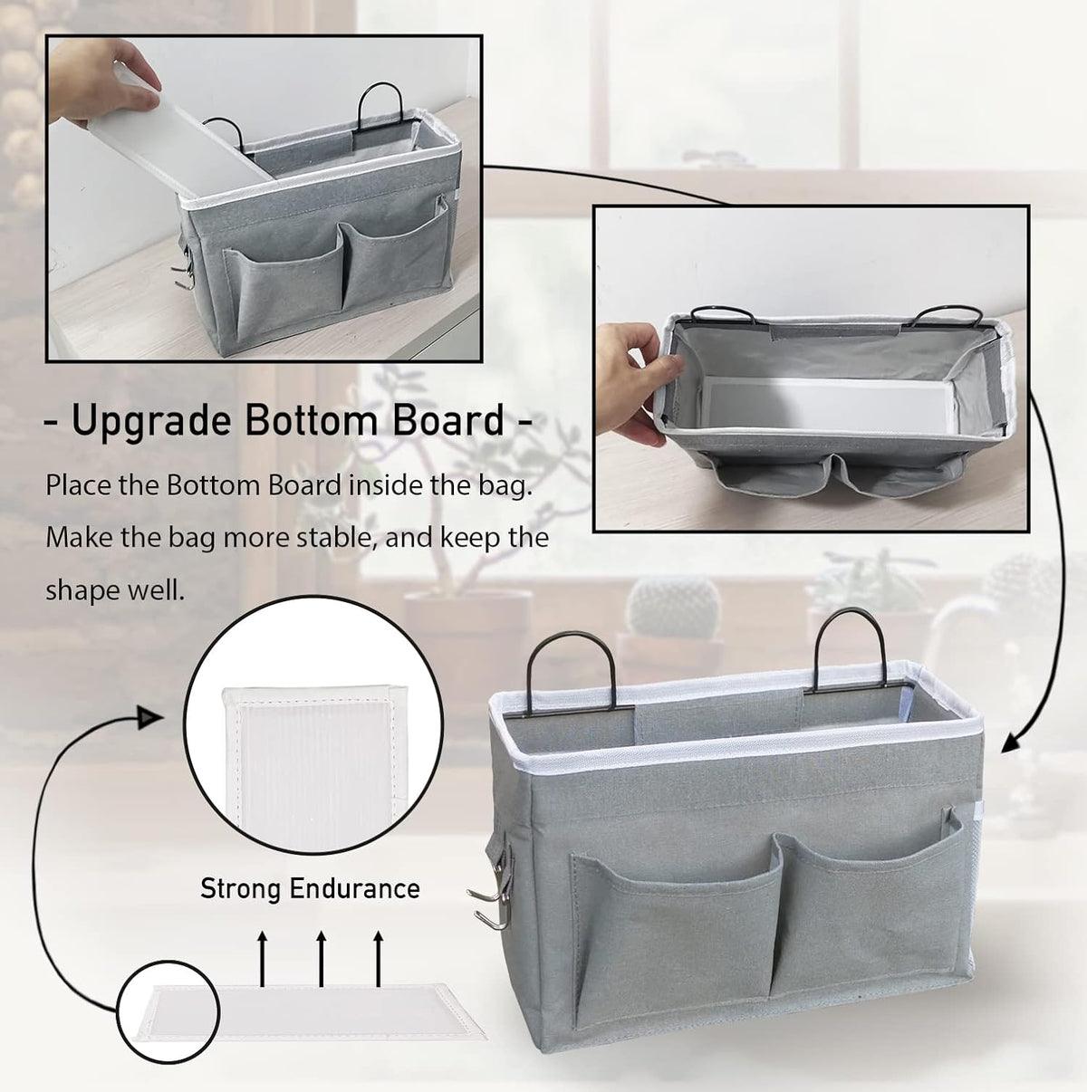 2pcs Middle Wall Hanging Organizer Bag, Linen Fabric Door Hanging Storage Basket with Pockets, Waterproof Bin for Kitchen, Bedroom, Office, RV Camper (Gray)