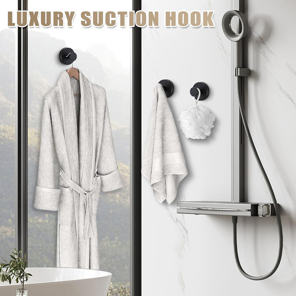 Suction Cup Hooks for Shower No-Drill Bathroom Hooks for Towels, Robes, Loofah Mountable on Bathroom Walls, Kitchen, Glass, Mirrors, Tile and Smooth,Non-Porous Surfaces (4, Matte Black)