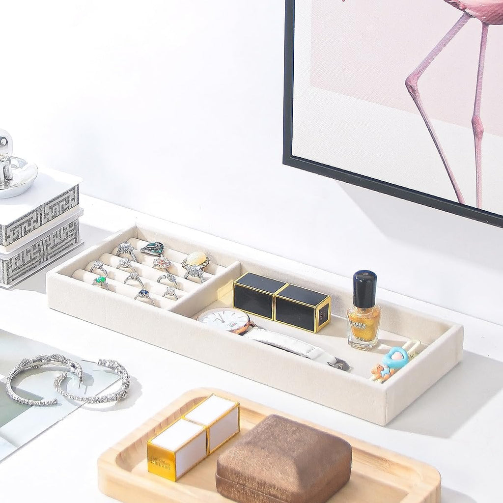 Divided Drawer Organizer Tray, Velvet Jewelry Storage Tray, Necklace Bracelet Ring Earring Display Tray,Bedside Nightstand Desk Holder Tray for Phone Watch Sunglasses Cosmetics Storage/Beige/2grid