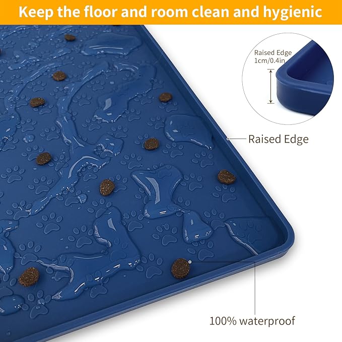Ptlom Silicone Pet Placemat for Dog and Cat, Waterproof Non-Slip Pet Feeding Bowl Mats for Food and Water, Small Medium Large Tray Mat Prevent Residues from Spilling to Floor, Navy Blue, 24.5" 16.5"