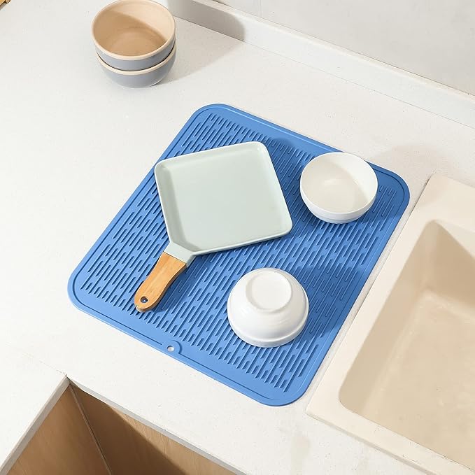 Silicone Dish Drying Mat for Multiple Usage,Easy clean,Eco-friendly,Heat-resistant Silicone Mat for Kitchen Counter or Sink,Refrigerator or Drawer Liner Lichen BlueL XL 18 inches x 16 inches