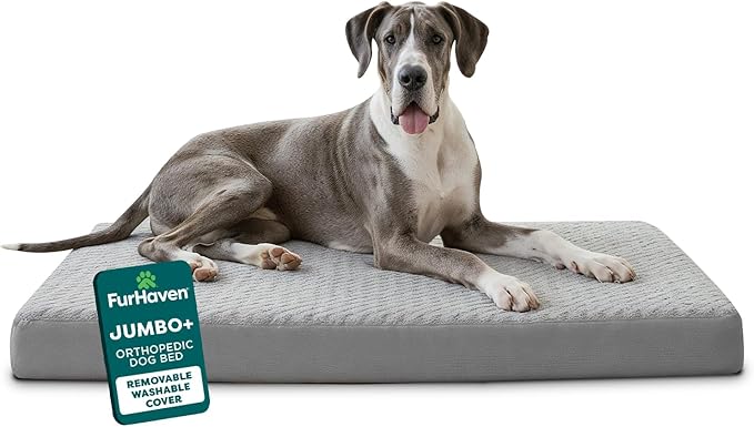 FurHaven Orthopedic Dog Bed for Large Dogs, Mattress Style Bed, Egg Crate with a solid Orthopedic Foam Base for Joint Support, Washable Cover, Jumbo Plus XXL, Plush Faux Fur & Suede, Gray