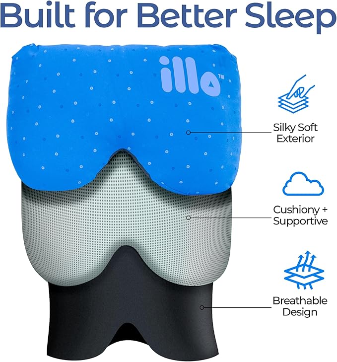 illo Wearable Pillow Sleep Mask | Soft Mulberry Silk Blackout Sleeping & Napping Eye Mask | Best for Home Bed, Work, Camping, Airplane, Side Sleeper | Reversible as Travel Neck Pillow | Women & Men