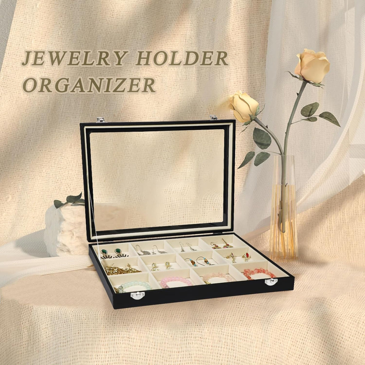 Stratalife Jewelry Organizer Bracelet Holder Organizer Box Earring Storage Drawer Jewelry Display Anti Tarnish Ring Holder For Women Girls 12 Grid (Beige Black)