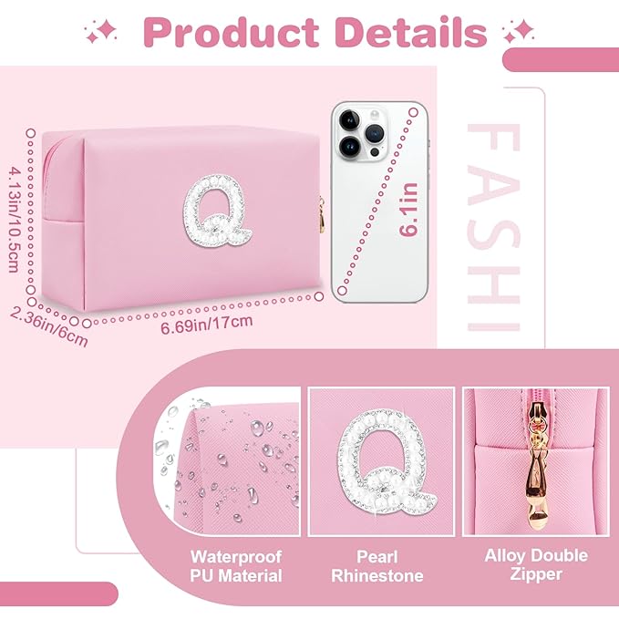 ChaoGreat Bride Gifts – Personalized Initial Makeup Bag with Pearl Rhinestone Patch, Preppy Pink Monogram Cosmetic/Toiletry Pouch, bridesmaid Gifts, Bridal Shower Gifts, Wedding Gifts, Bridal Gifts,Q