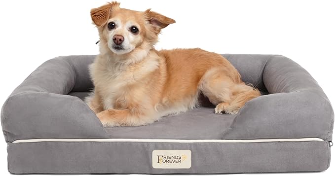Friends Forever Orthopedic Dog Bed, Memory Foam Pet Sofa, Calming Dog Couch, Water Resistant Pet Bed, Washable Cover, Non-Slip Bottom, Chester, Grey, 25" x 20" x 5.5"