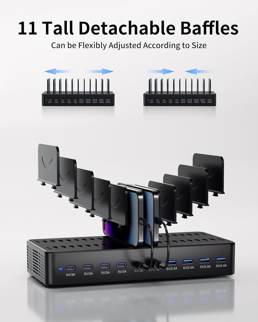 100W Charging Station for Multiple Devices, 10-Port USB Fast Charging Station with Adjustable Dividers & 10 Cables- Multi Device Organizer Charging Dock for iPhone, iPad, Tablets & More