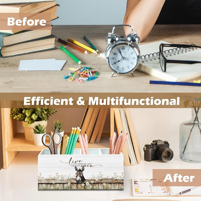 DILSJ Rustic Farmhouse Donkey 4 Compartment Pen Pencil Holder for Desk | Donkey Gifts, Live Like Someone Left the Gate Open Wooden Box Signs Organizer for Home Office Desk Tabletop Decoration