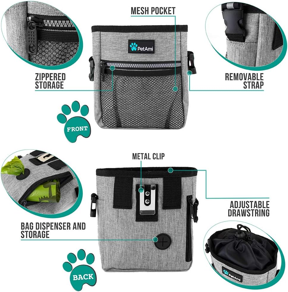 PetAmi Dog Treat Pouch, Pet Treat Pouch for Training, Dog Walking Bag Holder for Kibbles, Pet Food Toy, Dog Trainer Essentials Supplies, Poop Bag Dispenser, 3 Ways to Wear (Heather Gray)