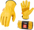 Vgo 3-Pairs Unlined Cow Grain Leather Work and Driver Gloves with Cow Split Leather Palm Patch (Size XXL, Gold,CA9590)