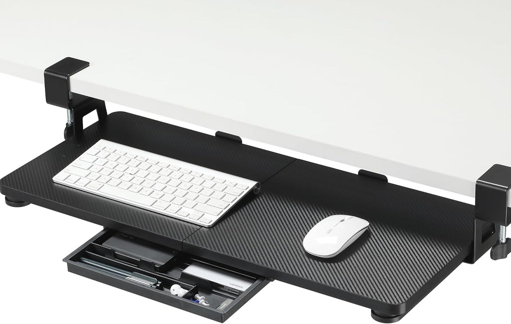 ETHU Keyboard Tray Under Desk, 26.77" X 11.81" Large Size Keyboard Tray with C Clamp-on Mount Easy to Install, Computer Keyboard Stand, Ergonomic Keyboard Tray for Home and Office (Carbon)