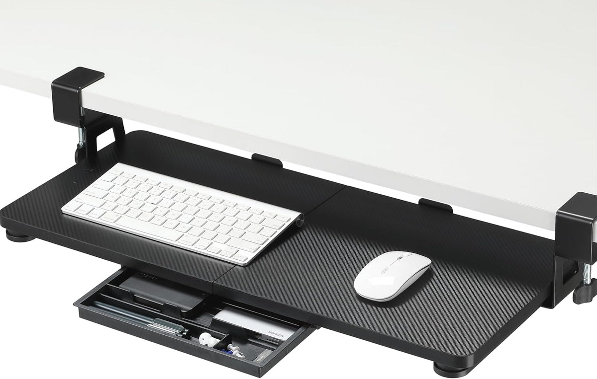 ETHU Keyboard Tray Under Desk, 26.77" X 11.81" Large Size Keyboard Tray with C Clamp-on Mount Easy to Install, Computer Keyboard Stand, Ergonomic Keyboard Tray for Home and Office (Carbon)