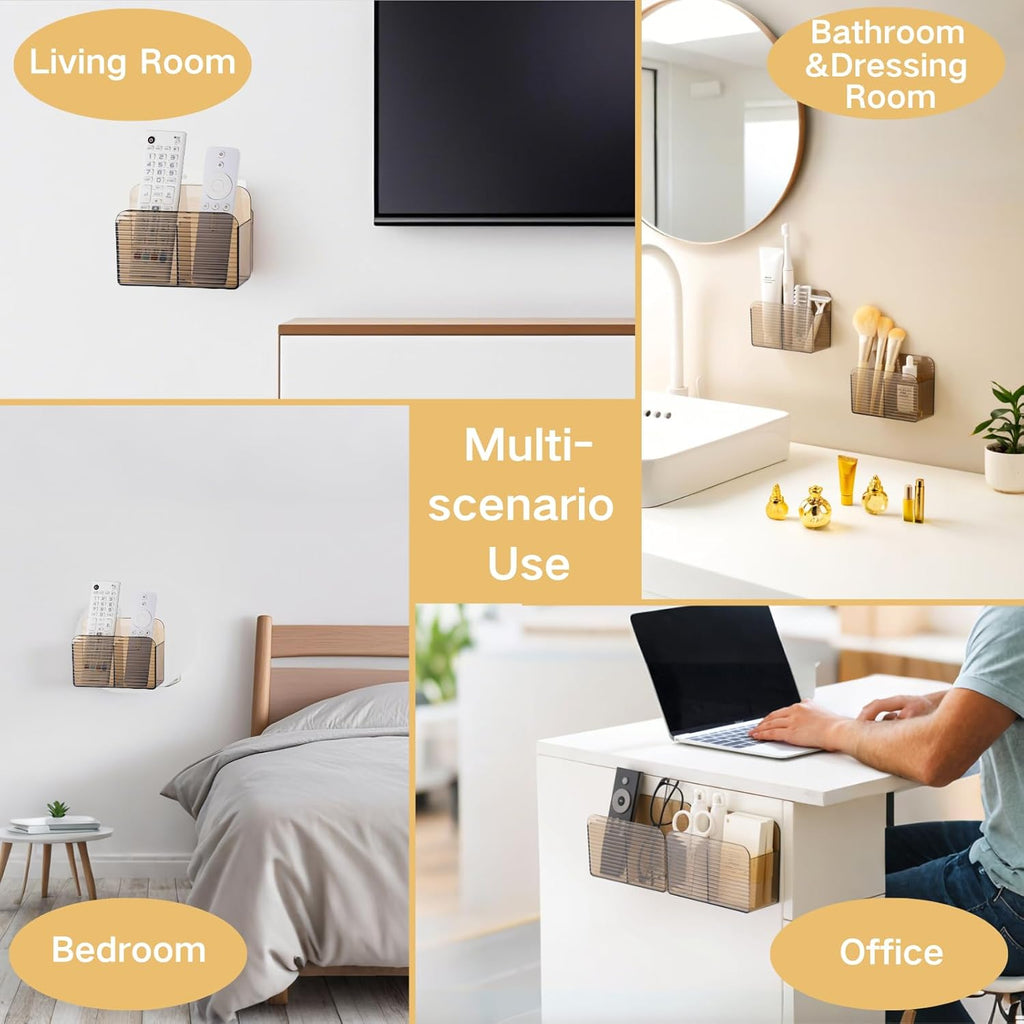 LINFIDITE Adhesive TV Remote Control Holder Wall Mount TV Remote Holder For Bedside Wall Remote Control Caddy Storage Organizer Stand Box （For 2 Or 4 Remote Controls –Clear Brown – Quantity 1）