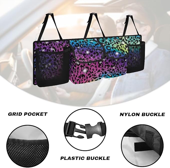 SEANATIVE Colorful Shiny Leopard Car Trunk Organizer, Backseat Hanging Organizer with 4 Large Storage Bag Super Capacity -Trunk Organizer for SUV,Truck,Van -Your Space Saving Expert