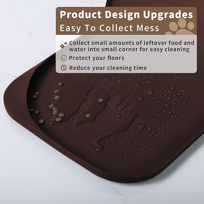 Smilool Silicone Pet Food Mat with Raised Edge for Food and Water Bowl, Dog Feeding Mats, Cat Food Trays for Floor Waterproof, Rubber Tray for Dogs and Cats, 22 x 14 x 0.8 Dark Brown