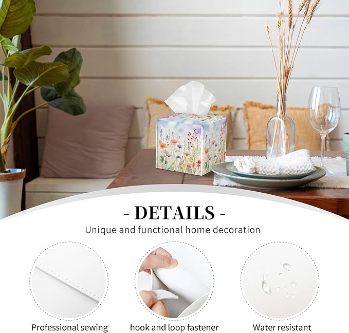Watercolor Flower Tissue Box Cover Square,Colorful Flowers Tissue Box Holder Waterproof Leather Facial Paper Organizer Dispenser for Bathroom Home Car Nightstand Vanity Desk