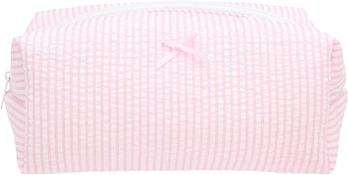 Cozy Makeup Bag Travel Cosmetic Bag for Women Soft Toiletry Bag Aesthetic Makeup Organizer Portable Large Zipper Pouch for Skincare Beauty Accessories Brushes Stripe Pink