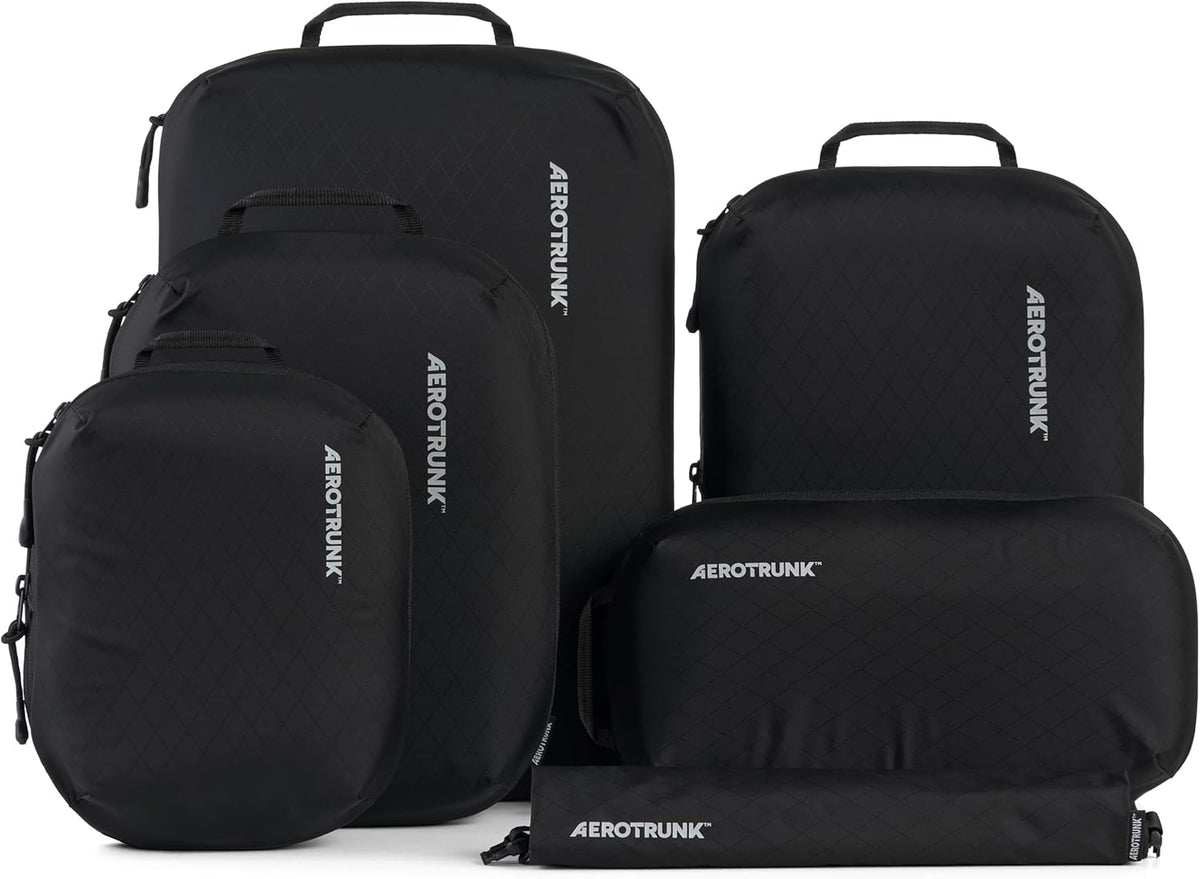Aerotrunk Ultralight Compression Packing Cubes - Lightweight Travel Organizers for Suitcases and Luggage (6-Pack, Black)