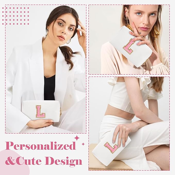 Personalized Makeup Bag Initial A-Z Preppy Patch Bag,Small PU Leather Travel Cosmetic Bag Pouch with Zipper,White Cute Toiletry Bag,Gift Ideal for Teen Girls Women Birthday Friend Mom,Letter L