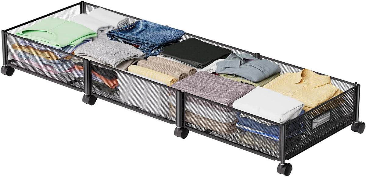 47.2'' Long Under Bed Storage on Wheels, 57.6L Large Capacity Rolling Under the Bed Storage Containers, Tool-Free Assembly Foldable Underbed Shoes Clothes Toy Drawers