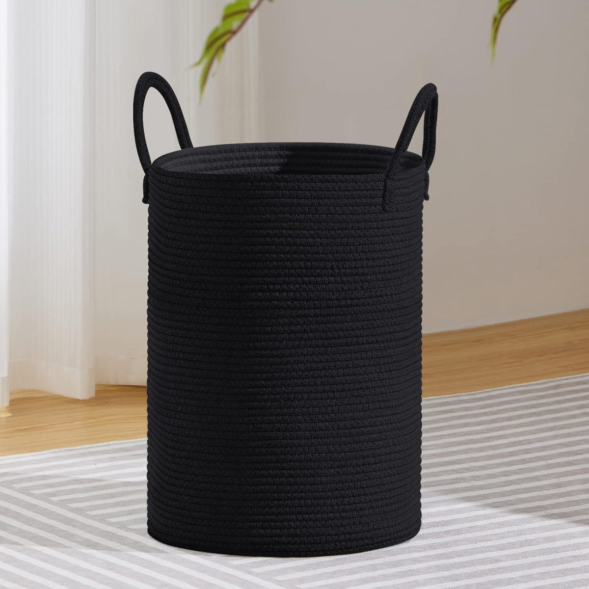 VIPOSCO Large Laundry Hamper, Tall Woven Rope Storage Basket for Blanket, Toys, Dirty Clothes in Living Room, Bathroom, Bedroom - 58L Black