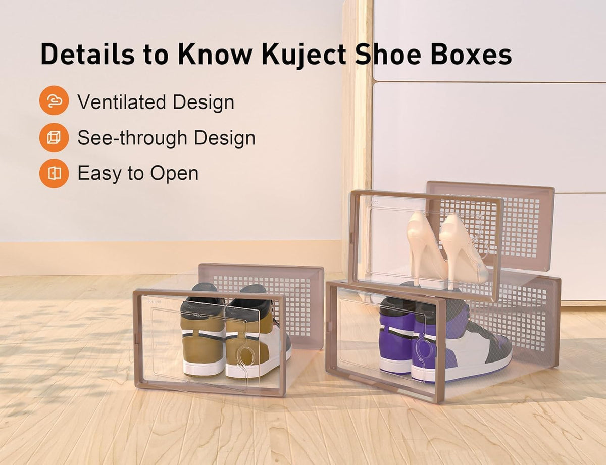 Kuject X-Large Shoe Storage Boxes Organizers for Closet 12 Pack, Fit Size 11,Clear Plastic Stackable Sneaker Containers for Entryway, Space Saving Shoe Rack,Substitute for Drawer Organize Unit, Brown