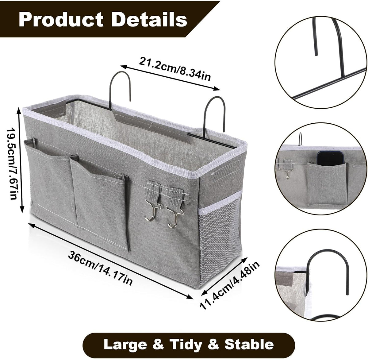 2 Pack Bedside Storage Caddy Organizer Bedside Hanging Storage Bag with Pockets for Headboards Bunk Beds Dorm Rooms Book Phone Magazine Holder Bunk bed Shelf Accessories (Grey)