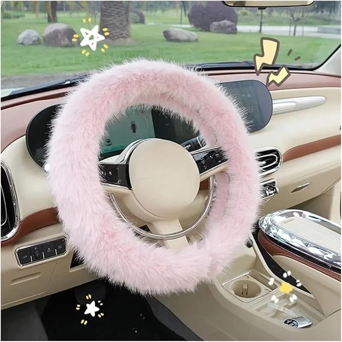 Car Steering Wheel Cover Handlebar Cover for Girls Winter Plush Warm Non-Slip Simple Women's Pink Handlebar Cover(Plush Double Pink)