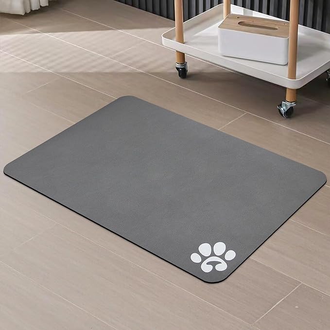 YCT Pet Dog Cat Feeding Mats - Non-Slip, Super Absorbent, Eating Mat with Footprints, 24 x 16.9 inches, Dark Grey