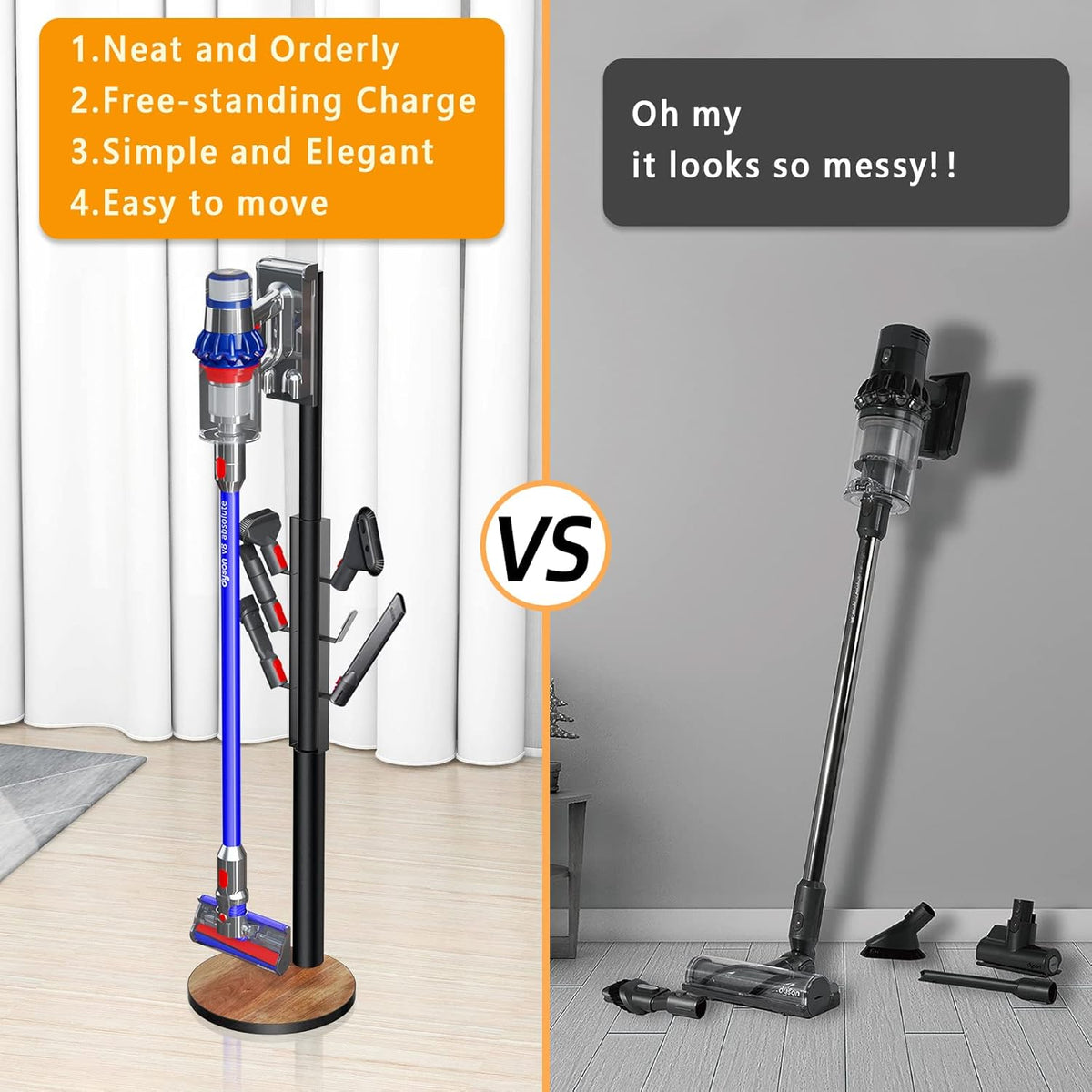 Docking Station Holder Freestanding Vacuum Stand Rack Compatible with V15 Detect, V11 V10 V8 V7 V6 Cordless Vacuum Cleaners, Floor Docking Station Metal Organizer Bracket with 6 Hooks