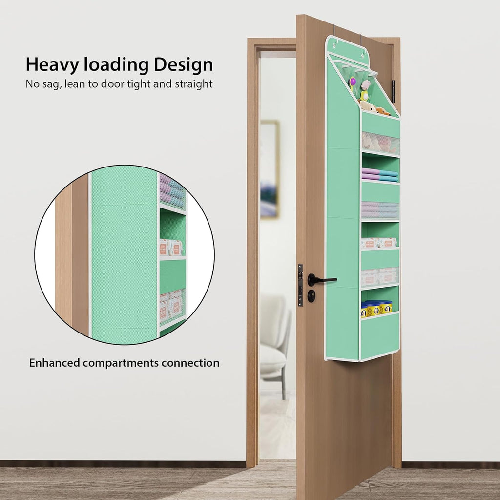 Univivi 5-Shelf Fabric Door Storage Over Door Hanging Organizer with 4 Large Pockets and 3 Small PVC Pockets Nursery Closet Cabinet Wall Mount Hanging Storage Organizers for Baby Nursery (Green)