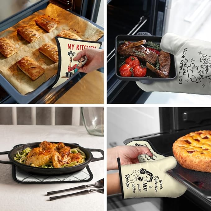 This Kitchen is Seasoned with Love Funny Oven Mitts and Pot Holders Set, Kitchen Baking Grill Microwave Gadgets, Sweet Housewarming Gifts, Birthday Gifts for Women, Men, Hostess, BBF