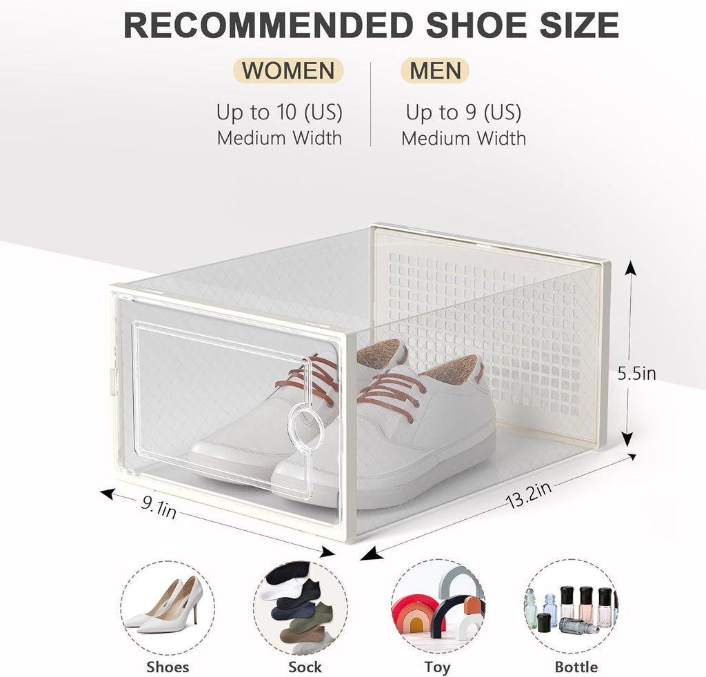 Kuject Large Shoe Organizers Storage Boxes for Closet, 12 Pack Clear Plastic Stackable Storage Bins with Lids, Under Bed Shoe Containers for Entryway, Fit up to Women's Size 10,Black,Off-white