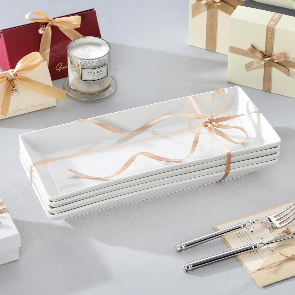 MALACASA Serving Platters Set of 4, Ceramic Serving Platters and Trays for Serving Food, Rectangular Serving Trays for Party, Large Serving Plates, Party Serving Trays and Platters - 14 Inch, White