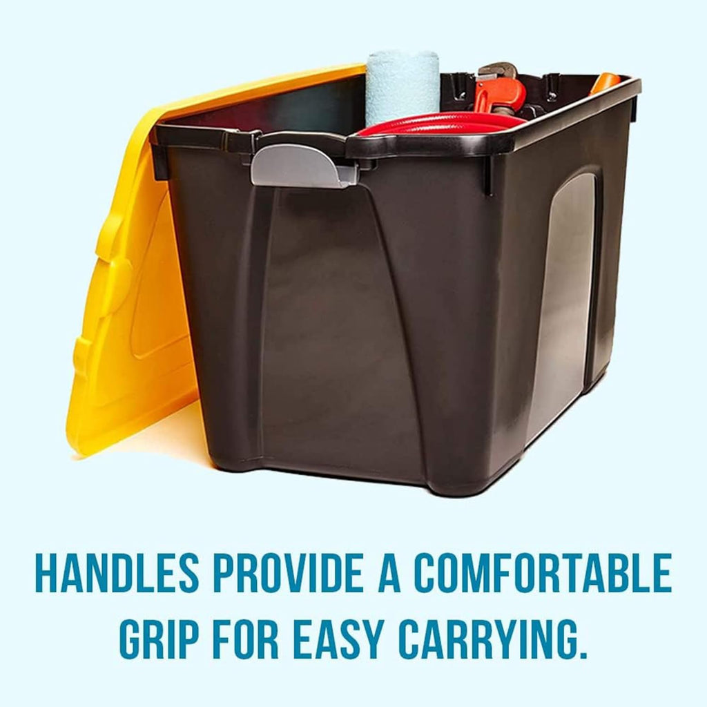 HOMZ 18 Gallon Durabilt Storage Bins, Pack of 4 Heavy Duty Plastic Containers, Secure Snap Lids, Break and Blemish Resistant, Stackable, Nestable, Organizing Totes, Black/Yellow